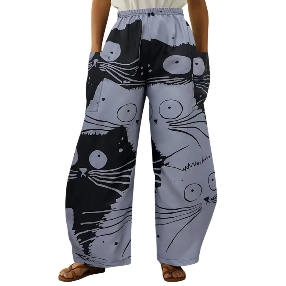 Cartoon Cat Print Wide‎ Leg Pants Blue Black Elastic Waist Relaxed Size 1X NEW